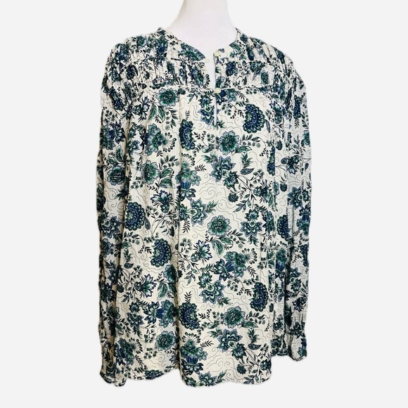 LOFT Floral Smocked blue/white/green Yoke Blouse – Size XL - Picture 1 of 7